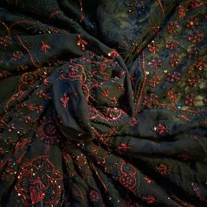 Hand beaded black sari fabric